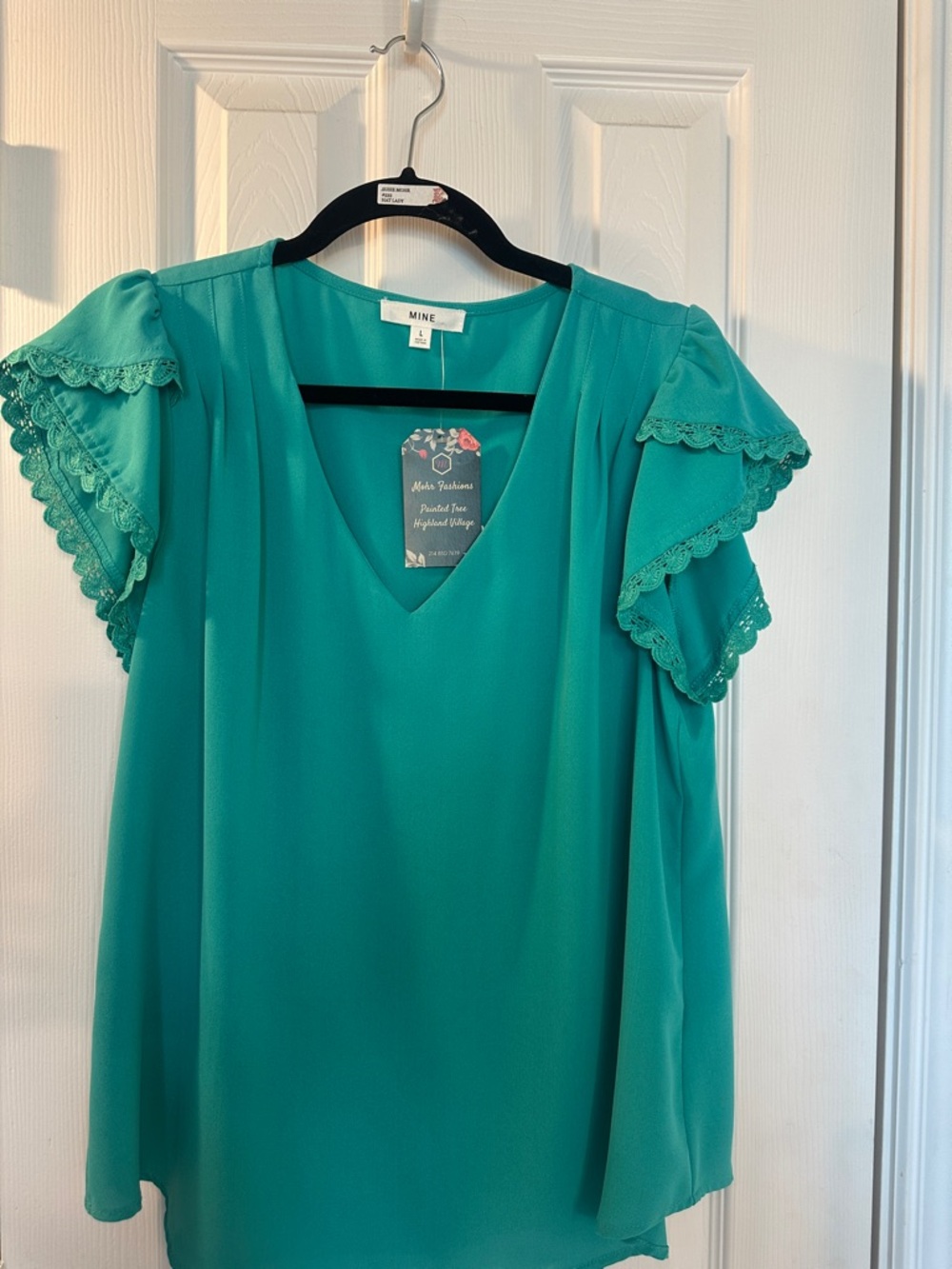 MINE Teal V-Neck Blouse with Scalloped Flutter Sleeves